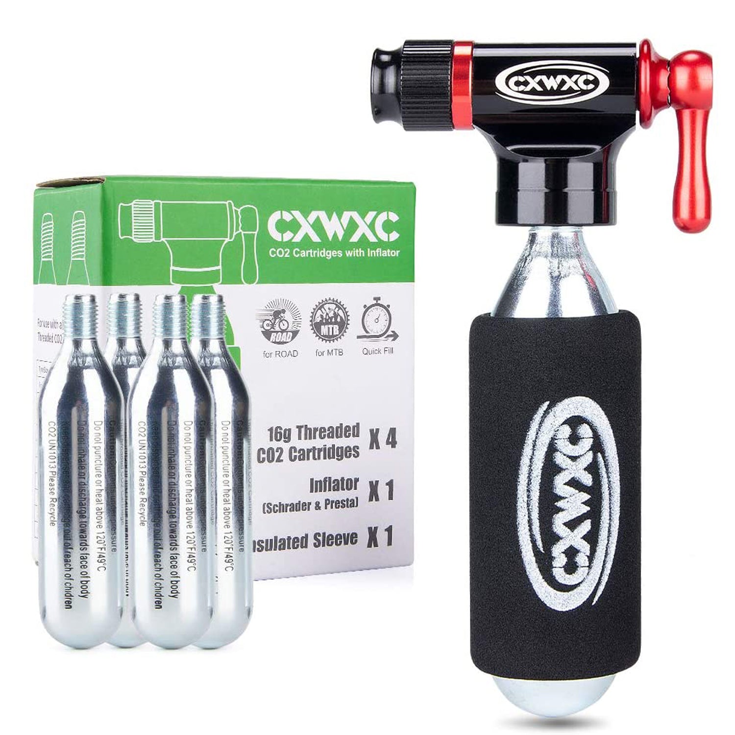 CO2 Inflator Kit with 4 x16g CO2 Cartridges - Presta & Schrader Valve Compatible - CO2 Bike Pump for Road and Mountain Bikes
