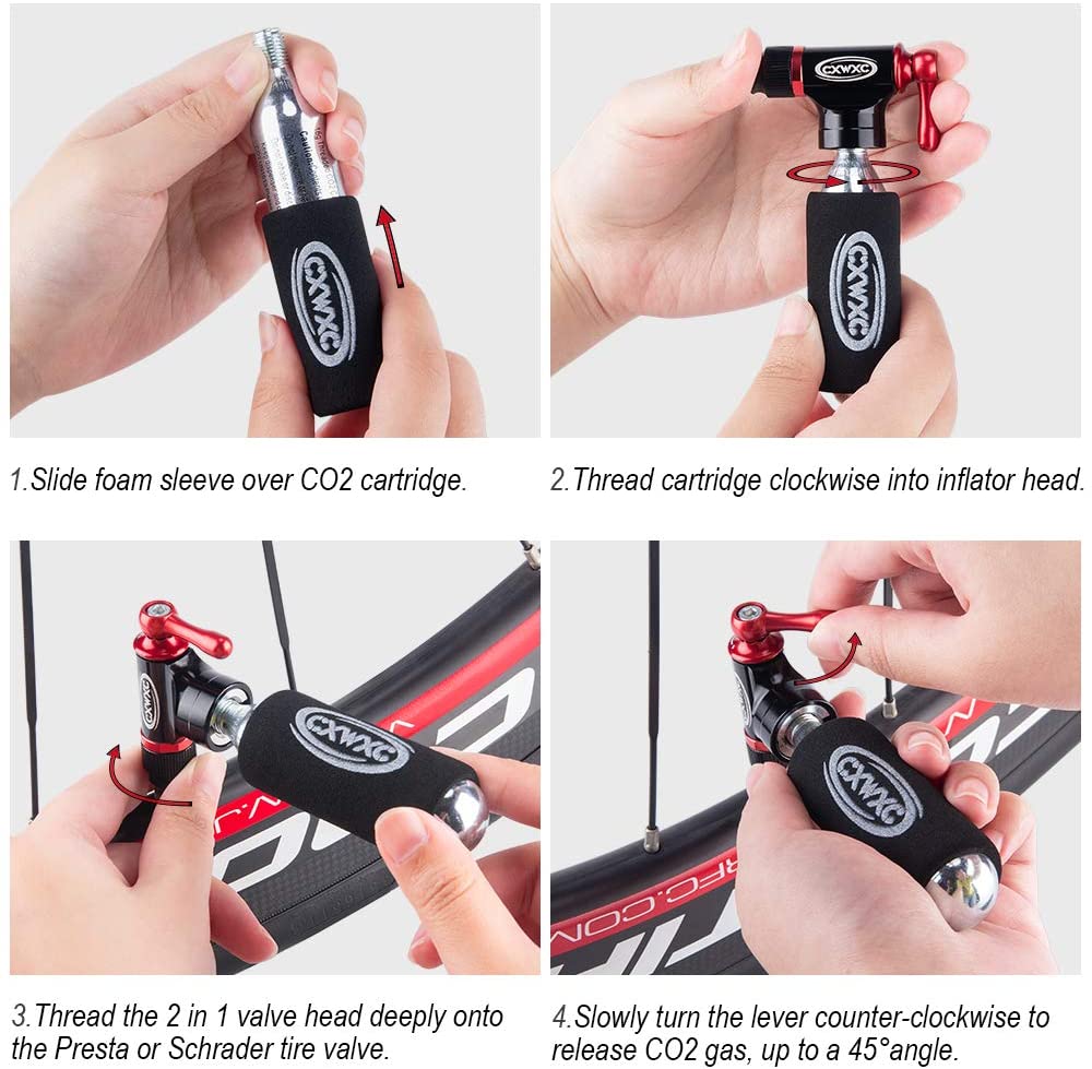CO2 Inflator Kit with 4 x16g CO2 Cartridges - Presta & Schrader Valve Compatible - CO2 Bike Pump for Road and Mountain Bikes