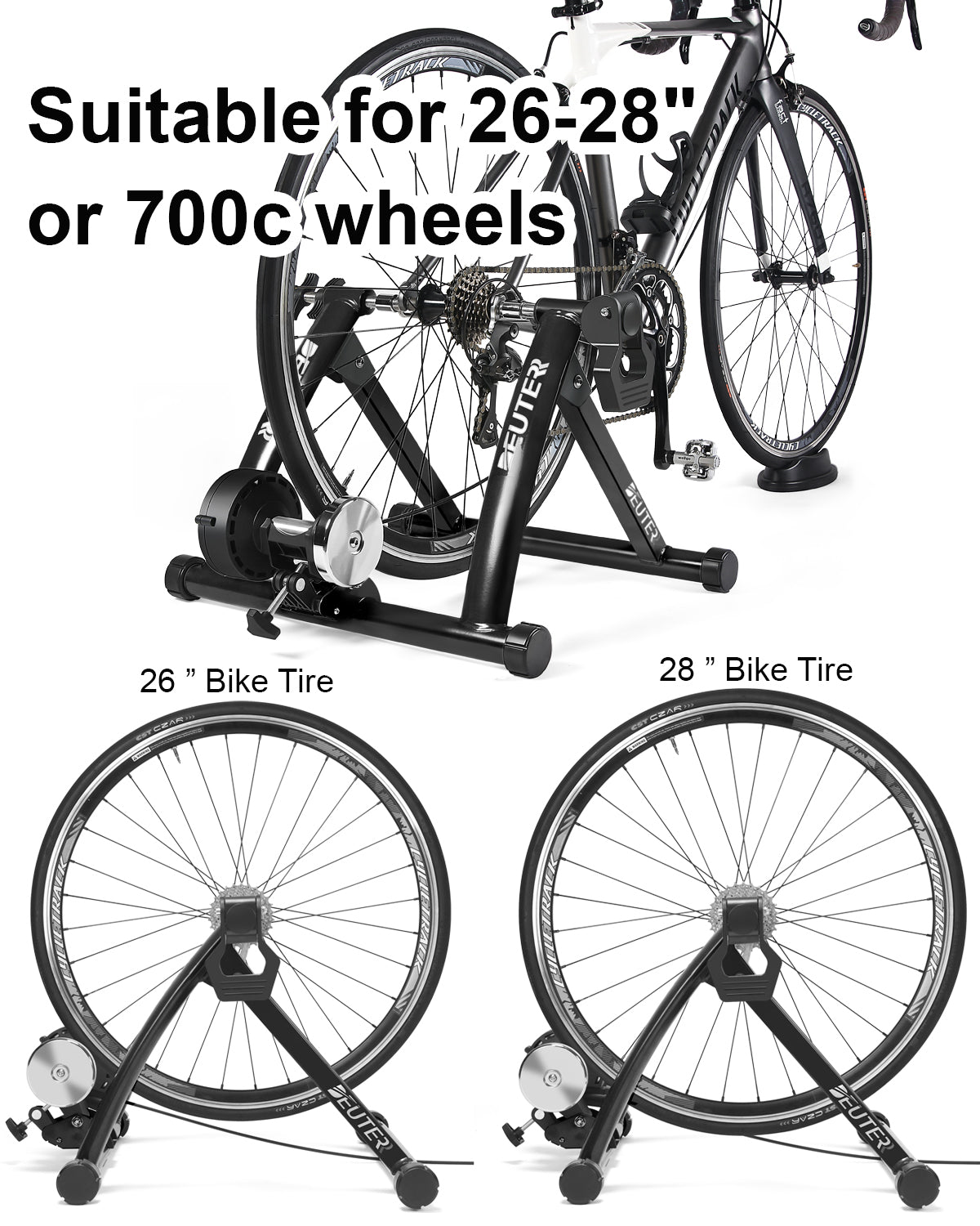 Bike Trainer, Magnetic Bicycle Stationary Stand for Indoor Exercise Riding, Portable, Quick Release Skewer & Front Wheel Riser Block Included