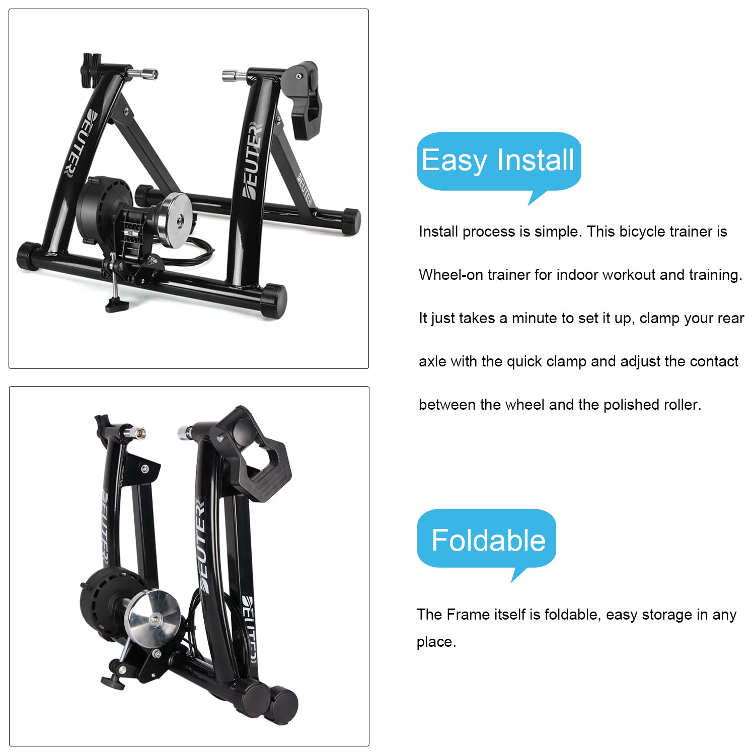 Bike Trainer, Magnetic Bicycle Stationary Stand for Indoor Exercise Riding, Portable, Quick Release Skewer & Front Wheel Riser Block Included