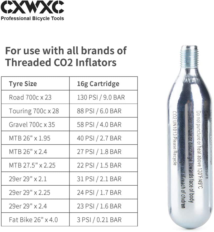 CXWXC 16g Threaded CO2 Cartridges for Bike Tires - Cartridge for CO2 Inflator with Threaded Connection, CO2 Pump for Road and Mountain Bikes
