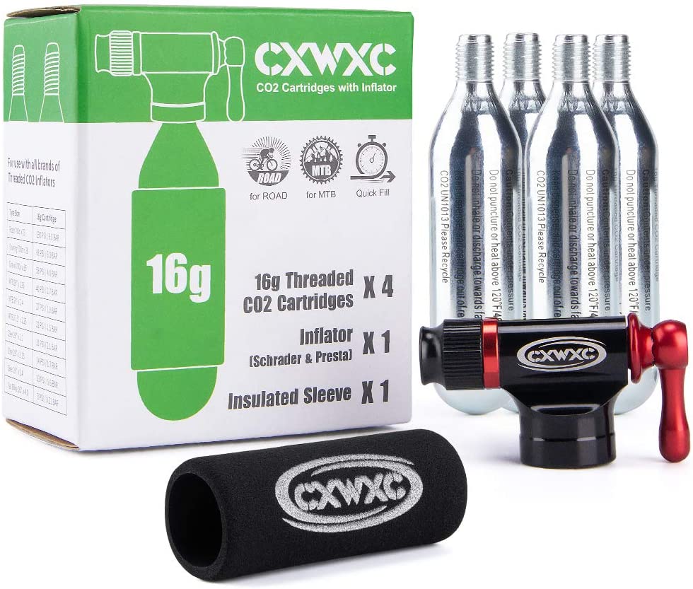 CO2 Inflator Kit with 4 x16g CO2 Cartridges - Presta & Schrader Valve Compatible - CO2 Bike Pump for Road and Mountain Bikes