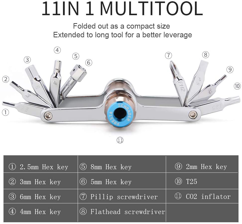 Bike Tool Mini 11 In Multi-Tool Chain Tool/Torx/Hex/Screwdriver Bicycle  Multitool Kit Cycling Mechanic Repair Tools With CO2 Inflator For Road