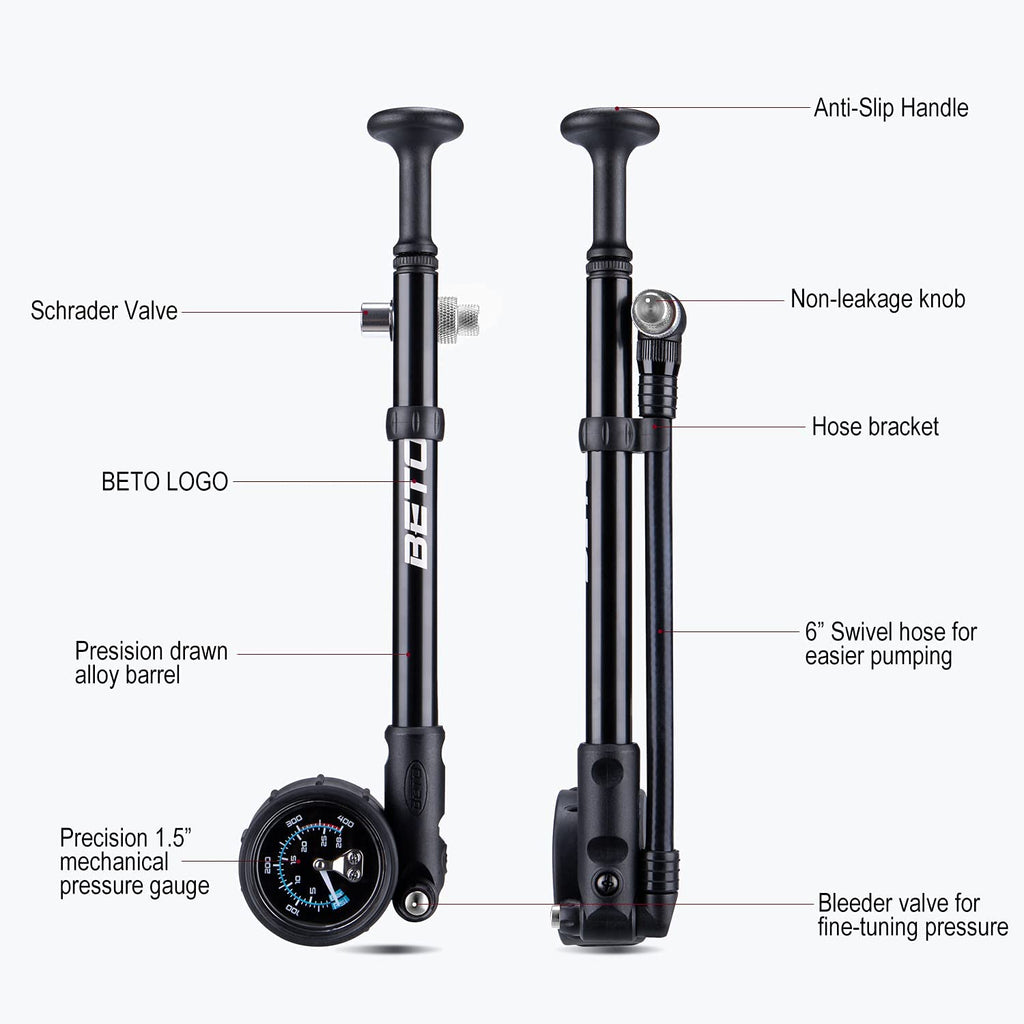 BETO High Pressure Shock Pump (400 PSI Max) MTB Bike Shock Pump for