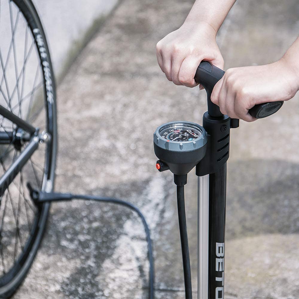 Beto Bike Pump Portable - Bicycle Floor Pump with Industrial Top-Mounted Gauge & Air Bleed Button - Presta & Schrader Valve