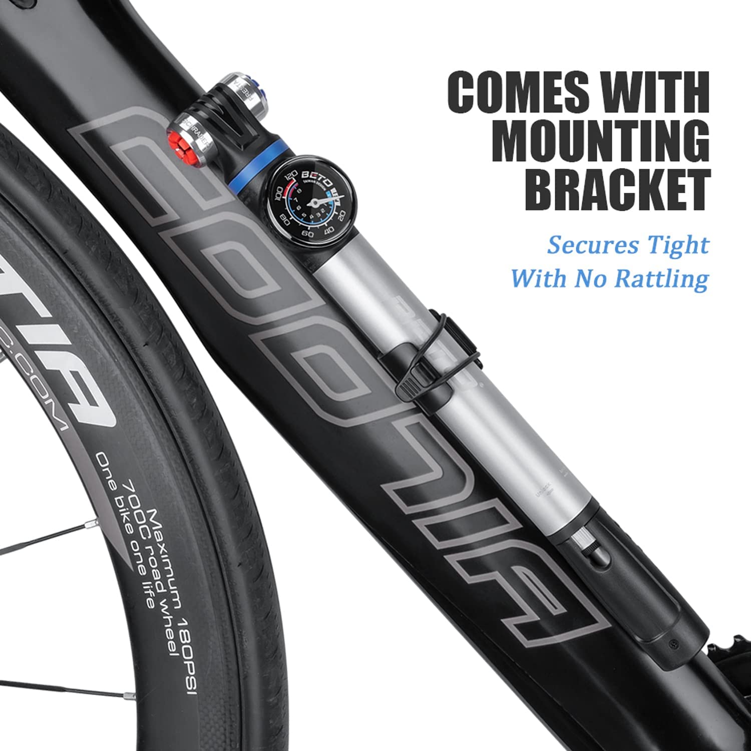 Mini Bike Pump with Gauge - Portable Frame Pump with EZ-Head Fits Schrader/Presta, Foldable T-Handle - Road Mountain MTB BMX Bike Pump
