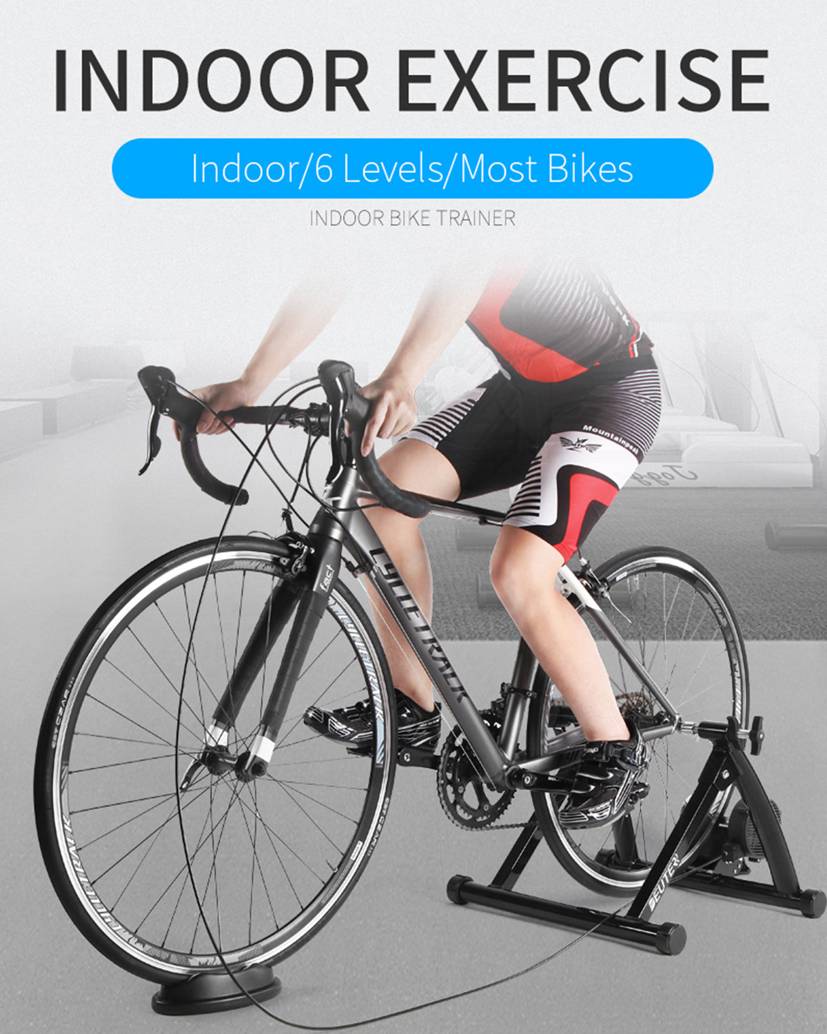 Fahrradtrainer, magnetischer stationärer Fahrradständer für Indoor-Übungen, tragbar, Schnellspanner und Vorderrad-Riser-Block enthalten