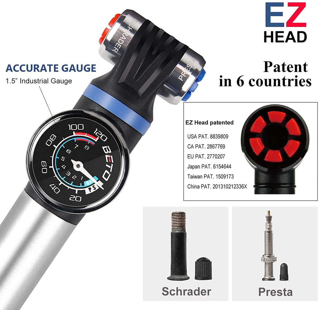 Mini Bike Pump with Gauge Portable Frame Pump with EZHead Fits Schr