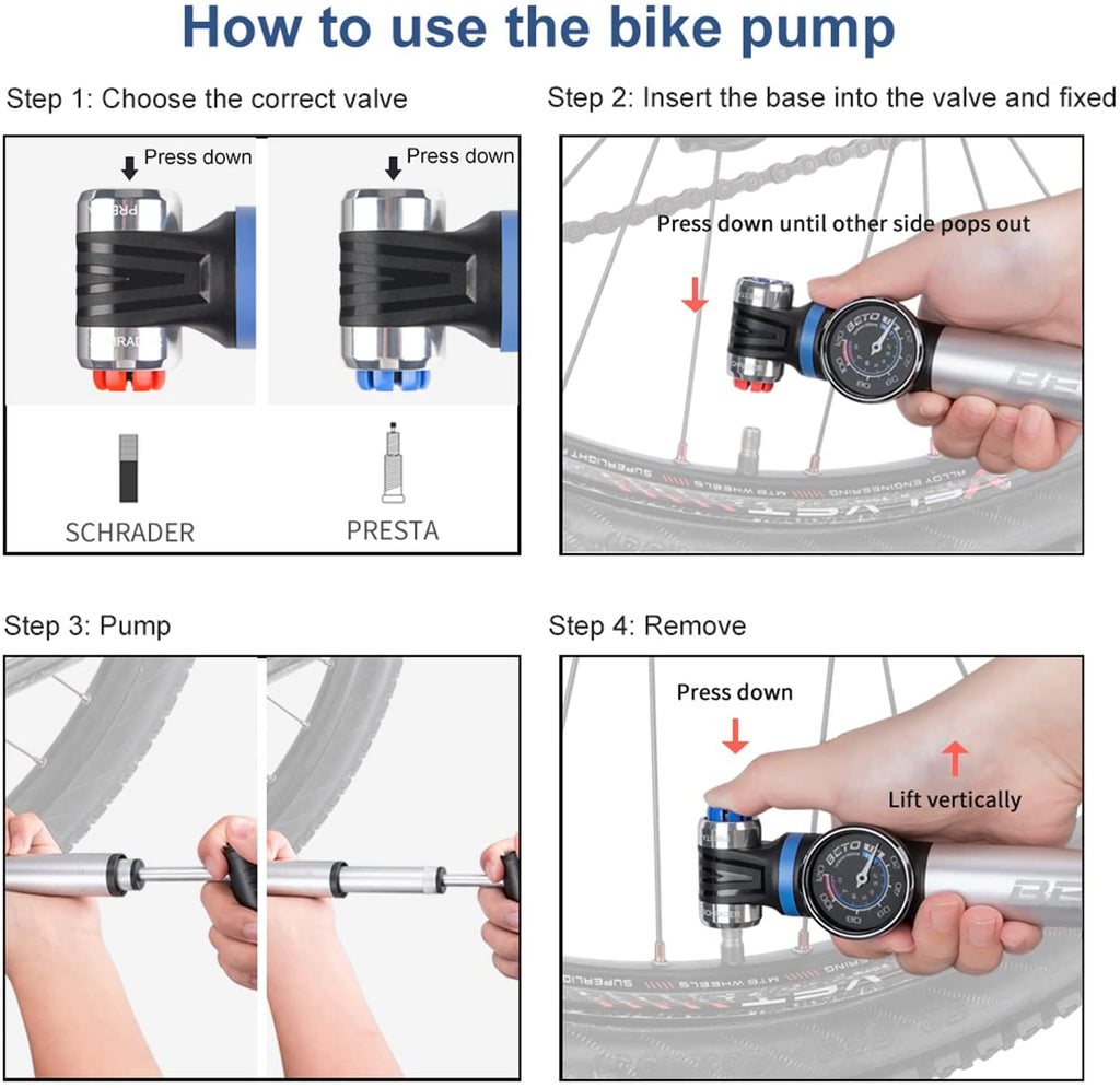Mini Bike Pump with Gauge Portable Frame Pump with EZHead Fits Schr