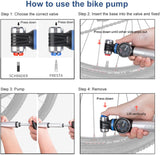 Mini Bike Pump with Gauge - Portable Frame Pump with EZ-Head Fits Schrader/Presta, Foldable T-Handle - Road Mountain MTB BMX Bike Pump