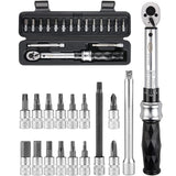 Bike Torque Wrench Set 1/4" Drive Click 1-25 Nm - Bicycle Maintenance Tool Kit for Road/Mountain Bikes - Includes Allen, Torx, Philip, Exten