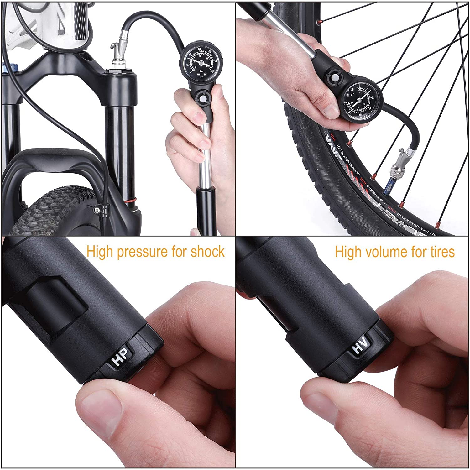 Bike Tire Pump & Shock Pump for Mountain, 300 PSI High Pressure for Rear Shock & Suspension Fork, Lever Lock on Nozzle No Air Loss